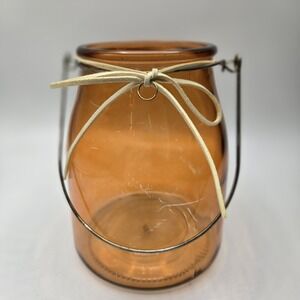 Large Amber Tealight Glass Jar Lantern with Wire Handle & Heather Rope on Rim